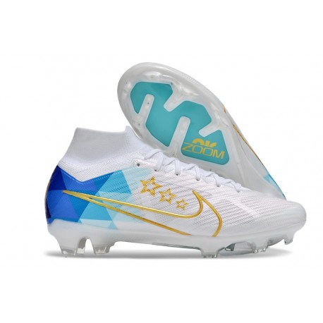 Chaussure Nike Zoom Mercurial Superfly IX Elite FG Blanc Bleu Or