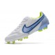 Nouvelles Crampons Nike pour Hommes - Tiempo Legend 7 Elite FG Blanc Gris Métallique Bleu Héros
