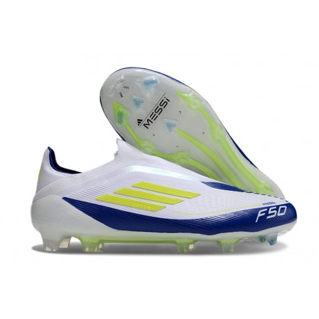 Adidas F50 Elite Sans Lacets FG Blanc Jaune Solaire Bleu Lucide