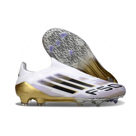 Adidas F50 Elite Sans Lacets FG Blanc Noir Or Mét