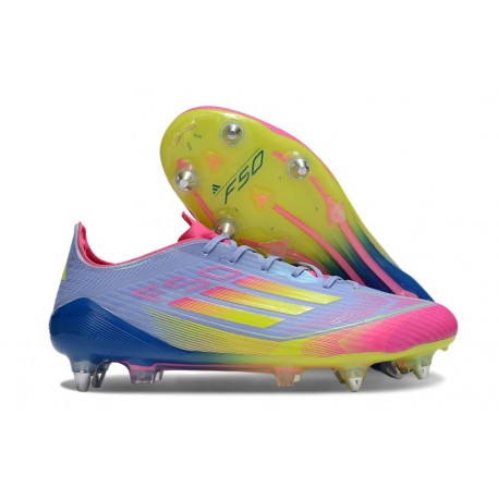Crampons Adidas F50 Elite SG Bleu Fusion Citron Lucide Rose Lucide